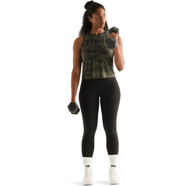 Dark Army Camo Women's Muscle Tank Action Shot Angle.
