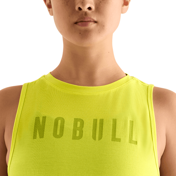 Neon Yellow Women's Muscle Tank Front Detail Angle.