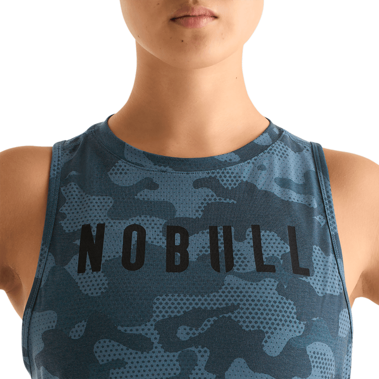 Coastal Blue Camo Women's Muscle Tank Front Detail Angle.