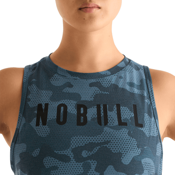 Coastal Blue Camo Women's Muscle Tank Front Detail Angle.