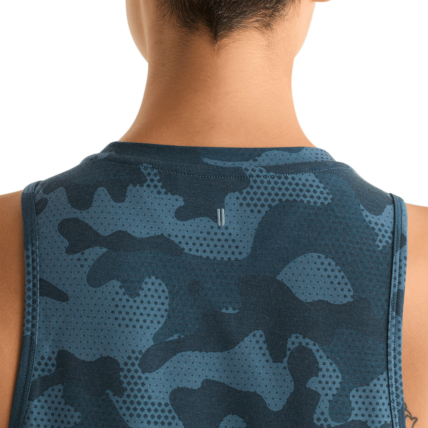 Coastal Blue Camo Women's Muscle Tank Back Detail Angle.