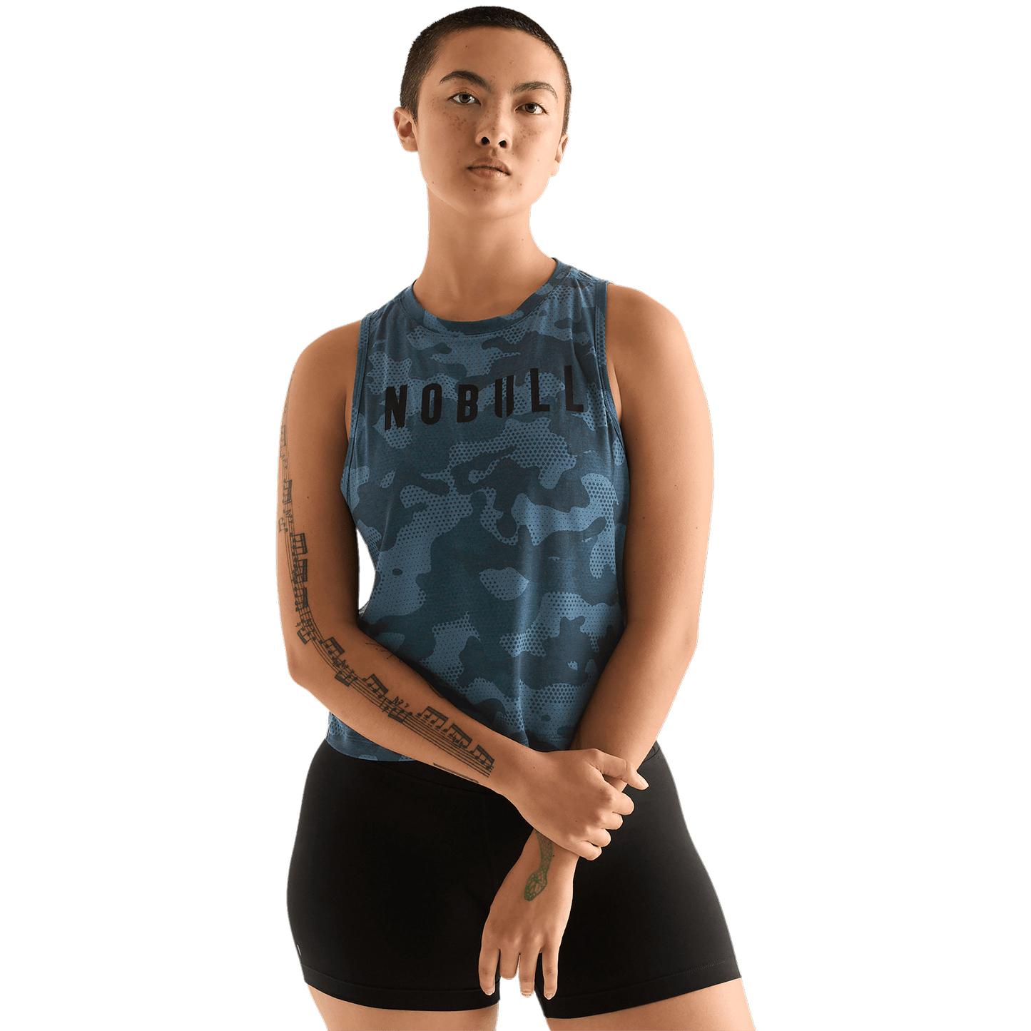Coastal Blue Camo Women's Muscle Tank Front Angle.
