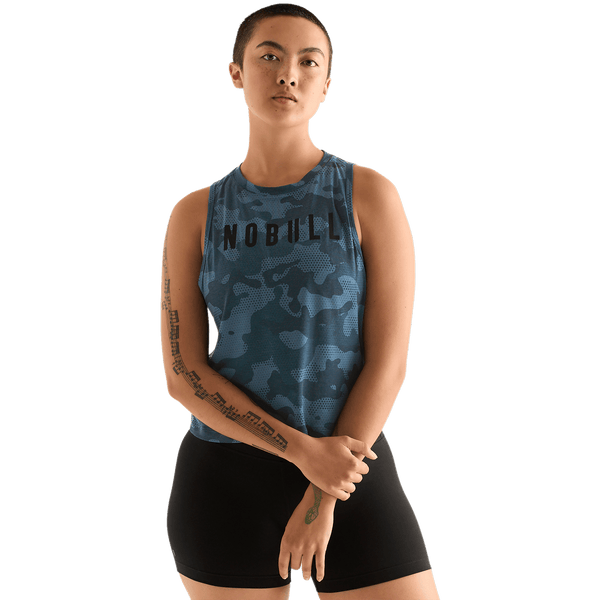 Coastal Blue Camo Women's Muscle Tank Front Angle.
