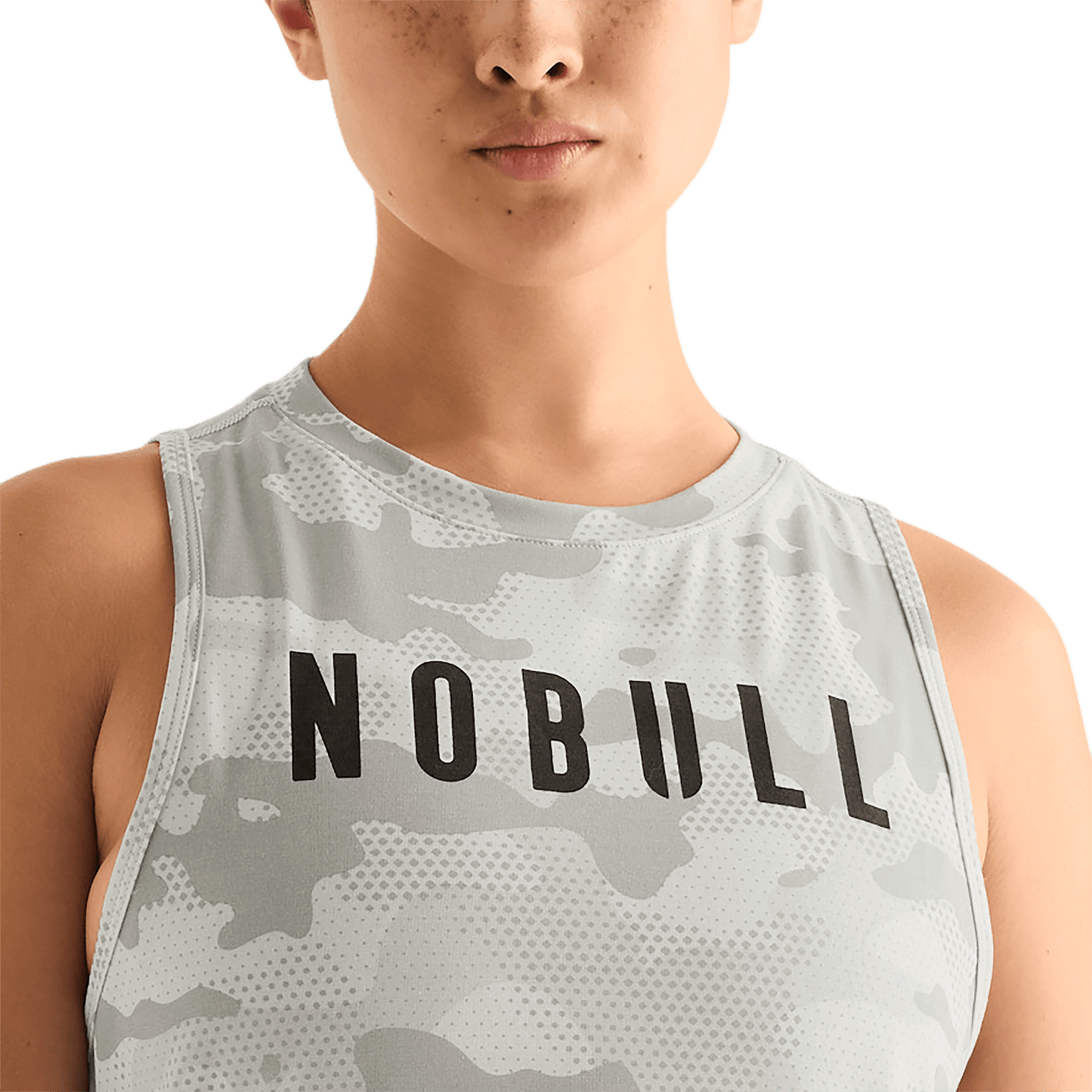 Light Grey Camo Women's Muscle Tank Front Detail Angle.