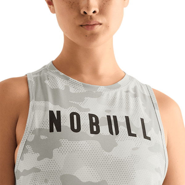 Light Grey Camo Women's Muscle Tank Front Detail Angle.