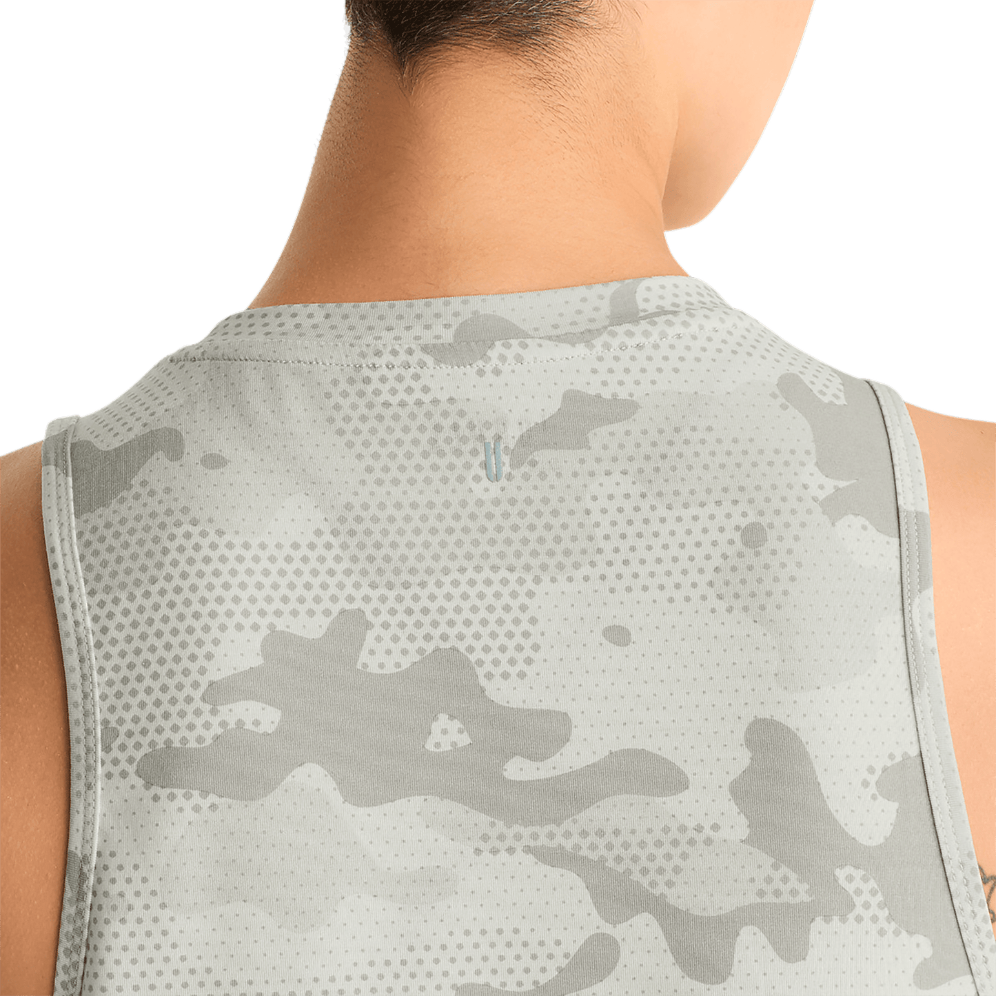 Light Grey Camo Women's Muscle Tank Back Detail Angle.