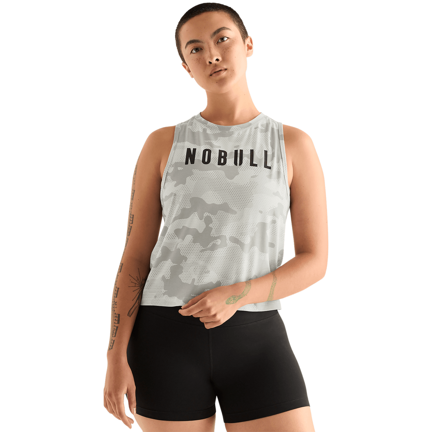 Light Grey Camo Women's Muscle Tank Front Angle.