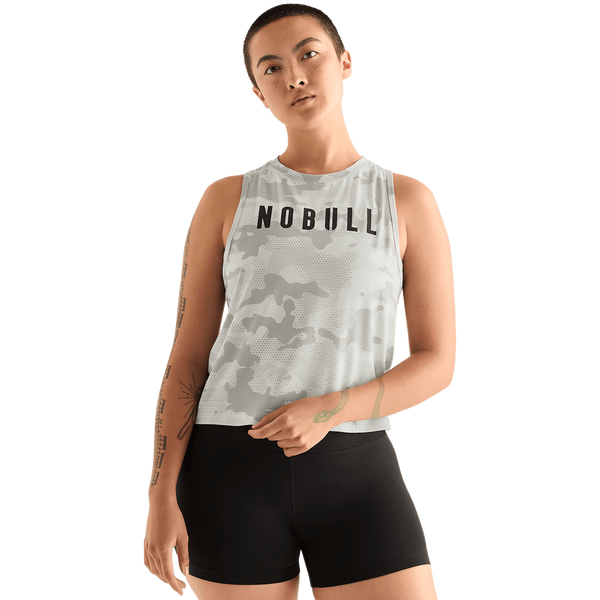 Light Grey Camo Women's Muscle Tank Front Angle.