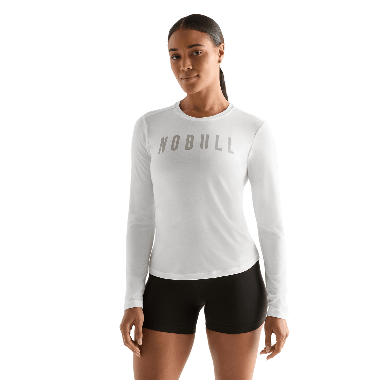 White Women's NOBULL Long Sleeve Tee Front Angle.