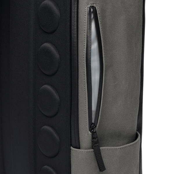 Waxed Grey Canvas Backpack Side Zipper Pocket Angle
