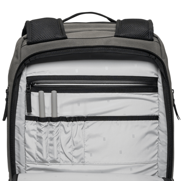 Waxed Grey Canvas Backpack Interior Zipper Pocket Angle