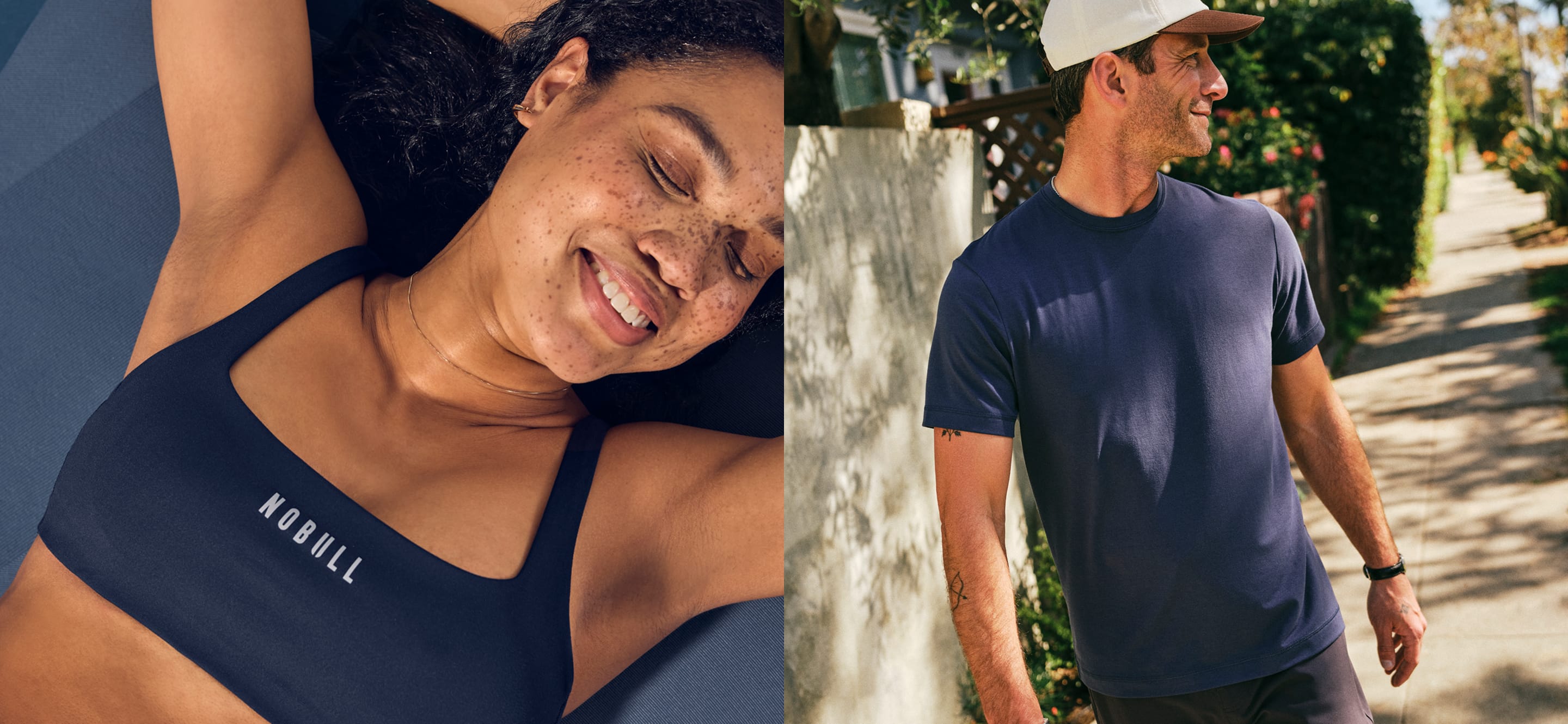 Woman wearing a navy blue sports bra with 'NOBULL' branding, and a man walking outdoors wearing a navy blue t-shirt.