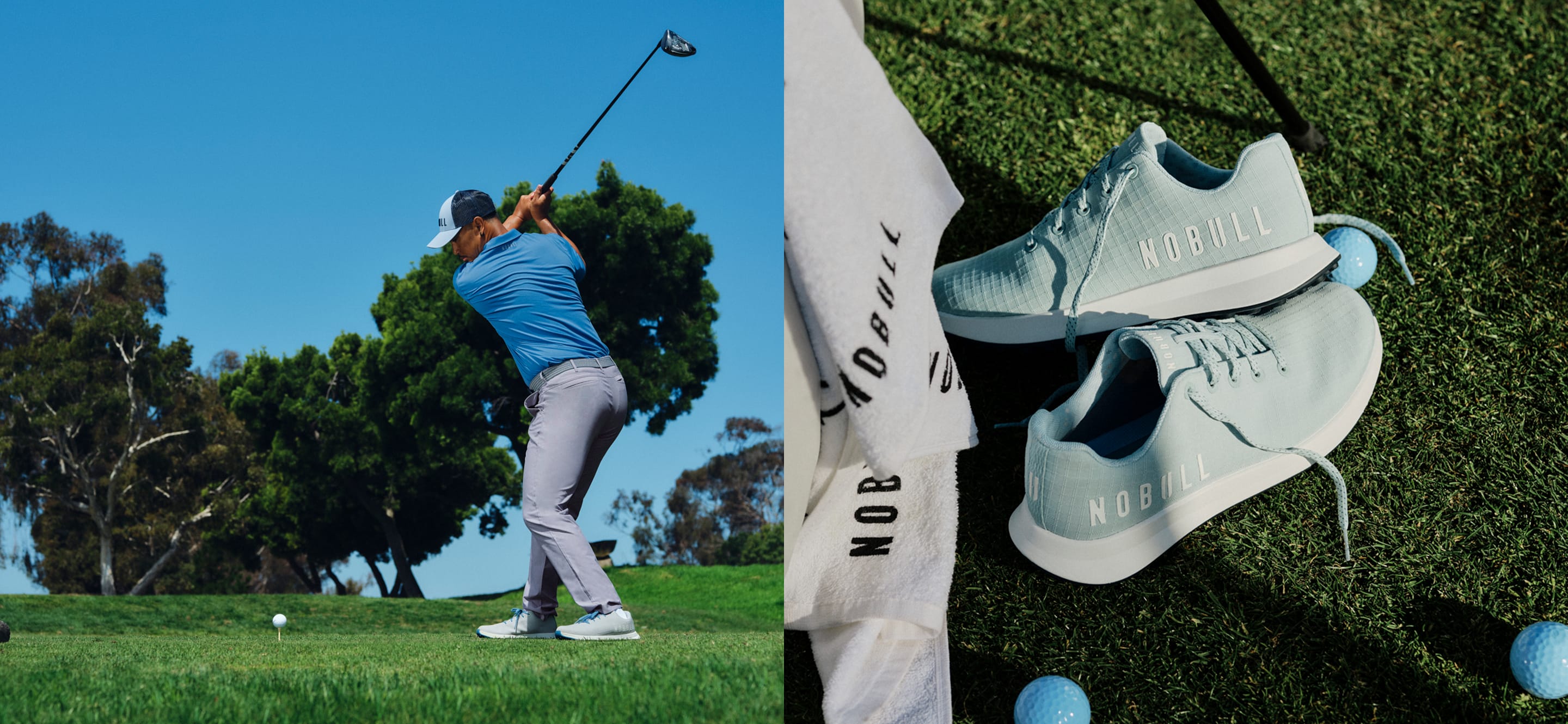 promo - A split image showing a golfer mid-swing on a golf course on the left, and a close-up of light blue and white Golf shoes on grass on the right.