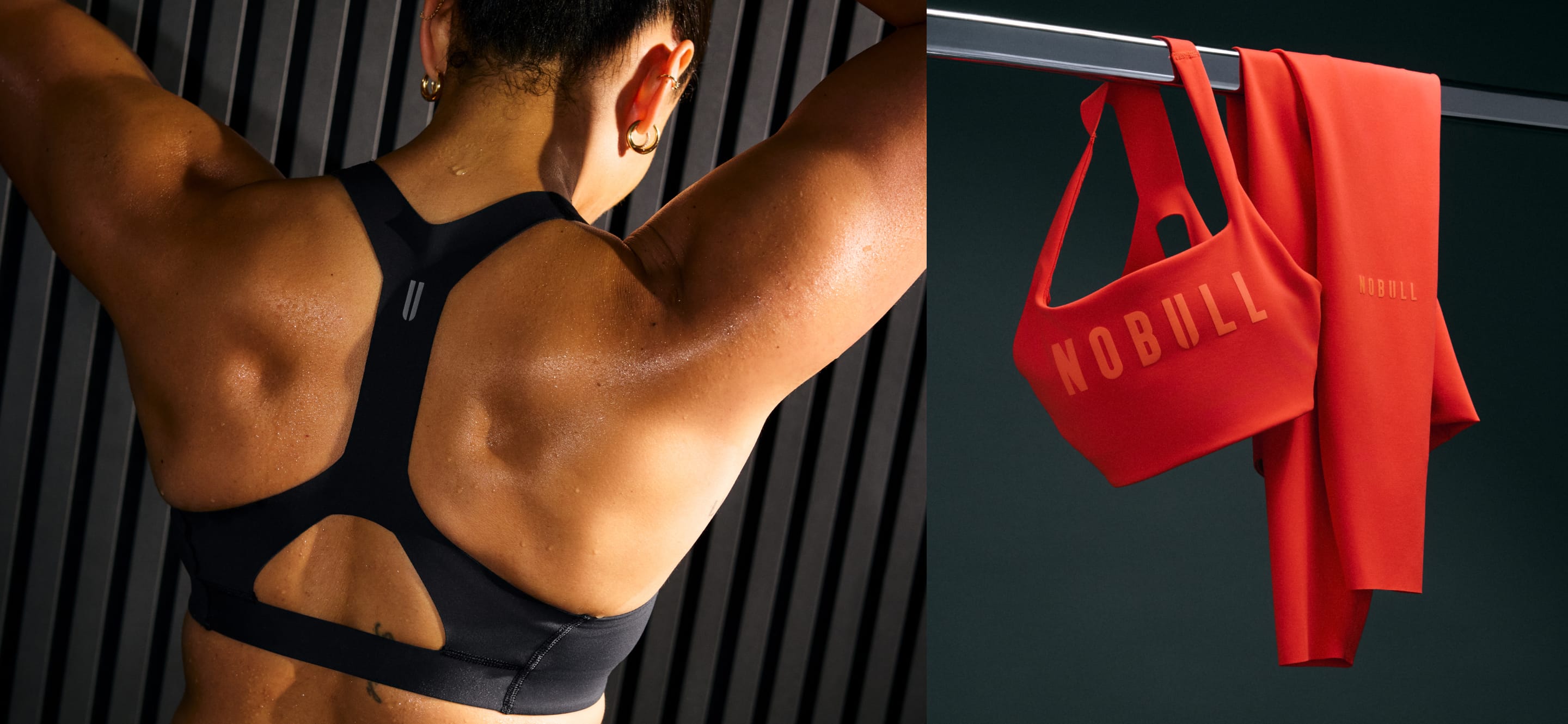 product - A split image showing a woman from behind wearing a black sports bra with a cutout back, next to a red sports bra and matching red sweatshirt hanging on a rack. Both items feature the brand name NOBULL.