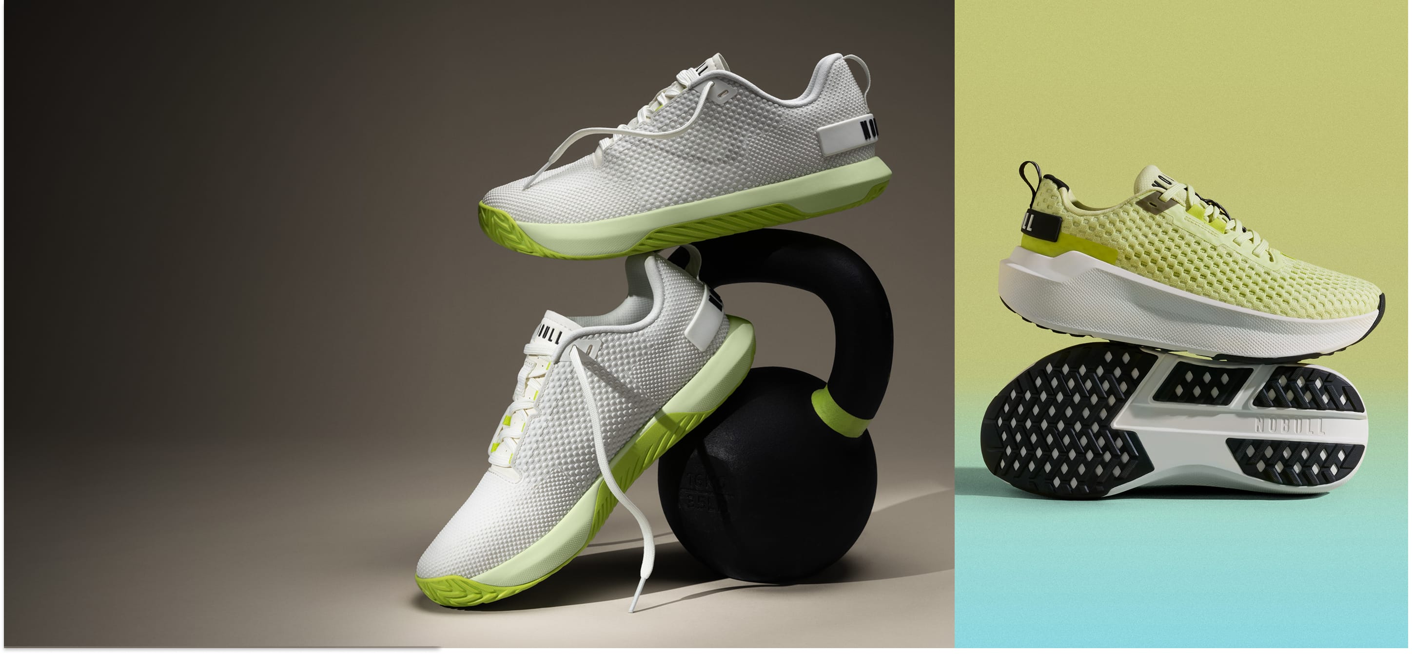 promo - A pair of athletic sneakers shown in a split studio composition. The left side features two white sneakers stacked on top of each other with a black kettlebell; the right side shows a single lime-green and white sneaker from the side and sole view against a pale yellow and light blue background.