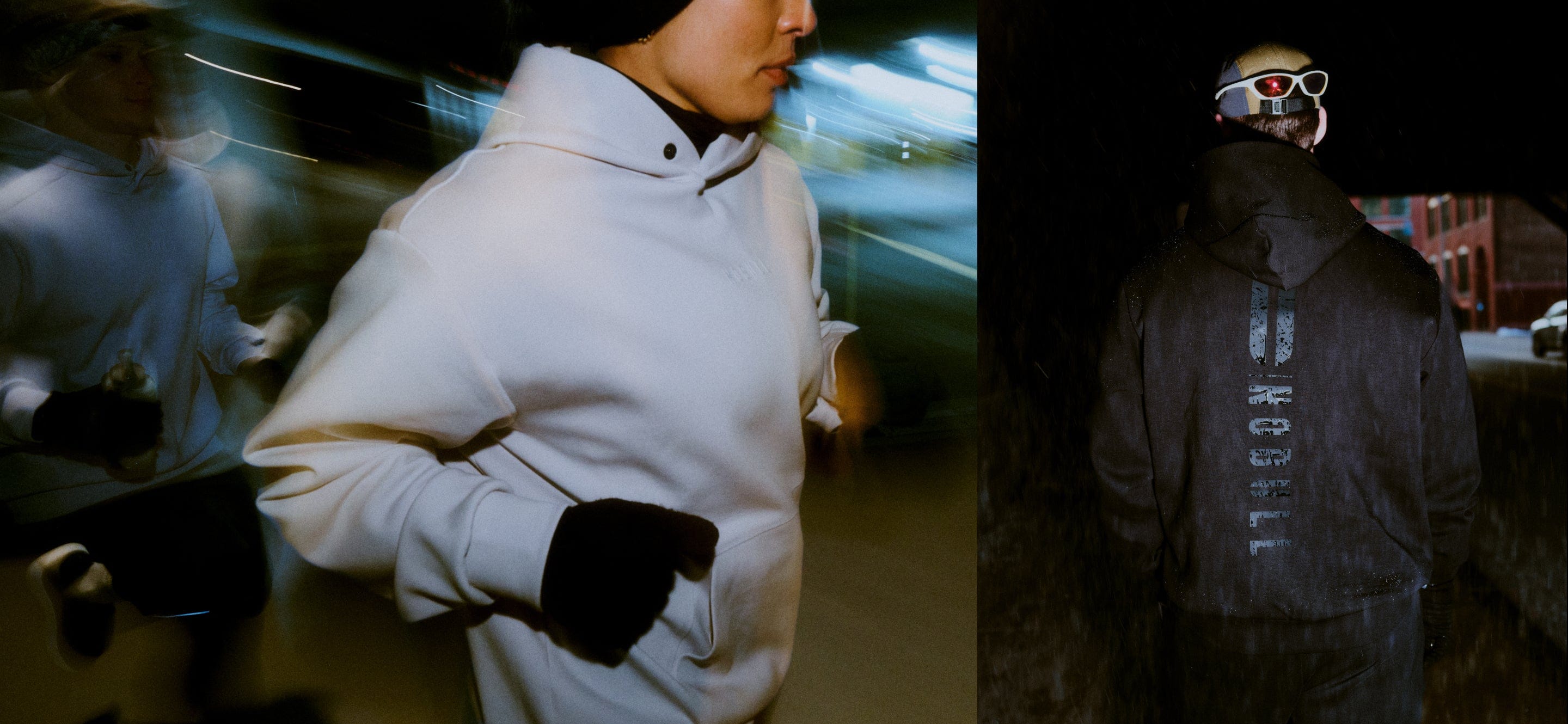 Two people wearing hoodies and sunglasses in urban settings.