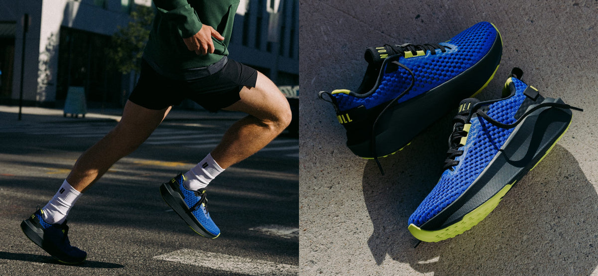 product - A split image showing a runner wearing blue and black running shoes on an outdoor street, alongside a close-up of the same shoes on pavement. The shoes have a bright blue mesh upper, black midsole, and neon yellow outsole.