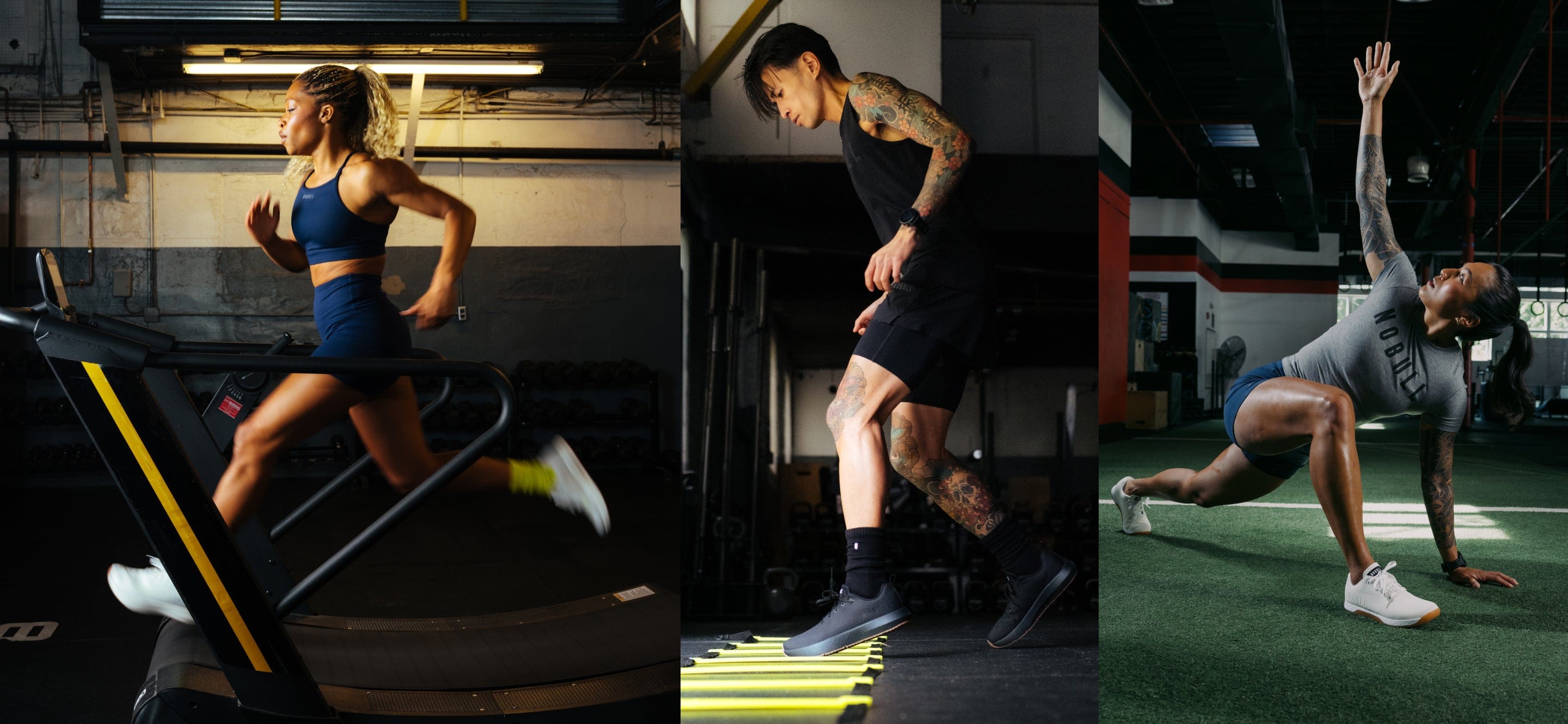 Collage of three people exercising in a gym setting.