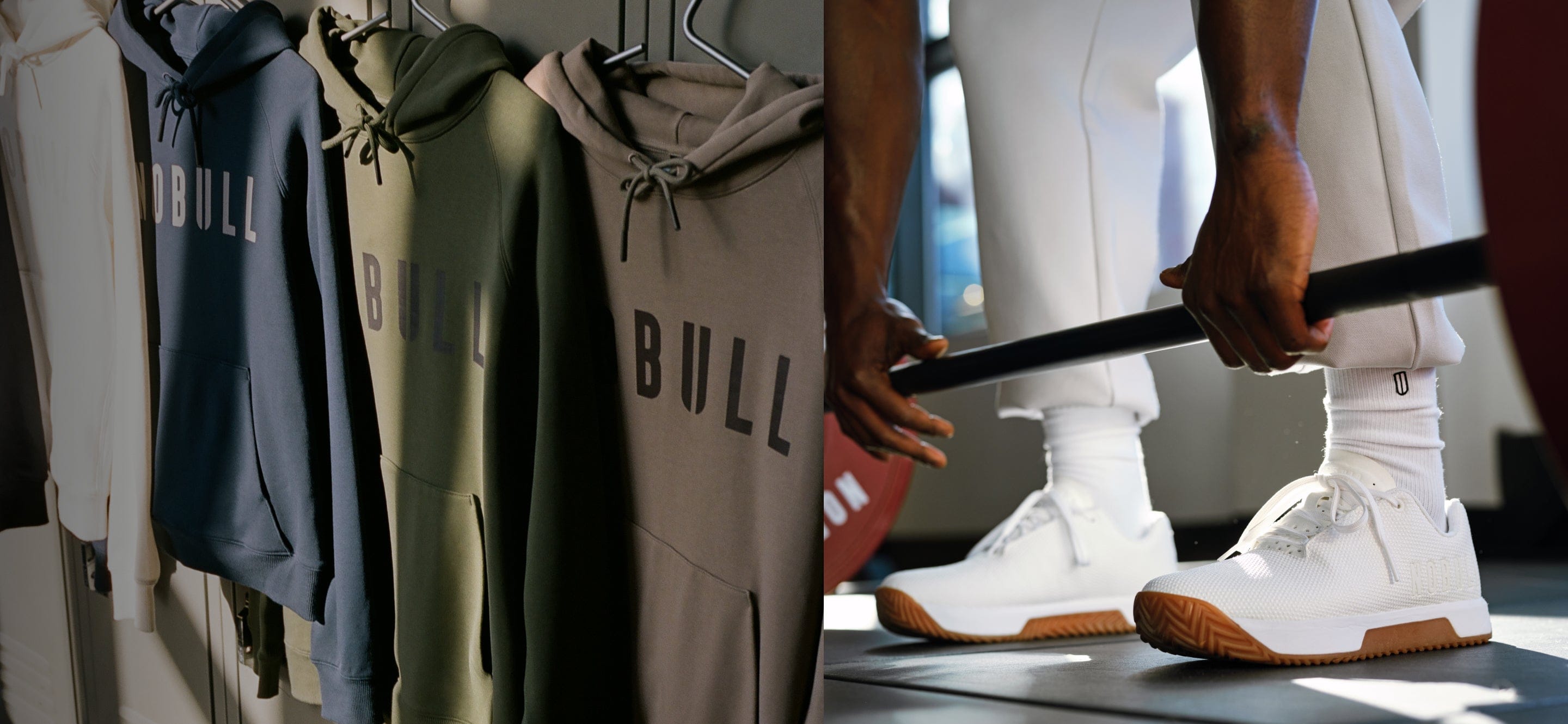 Hoodies on a rack with 'NOBULL' branding, person holding a barebell.