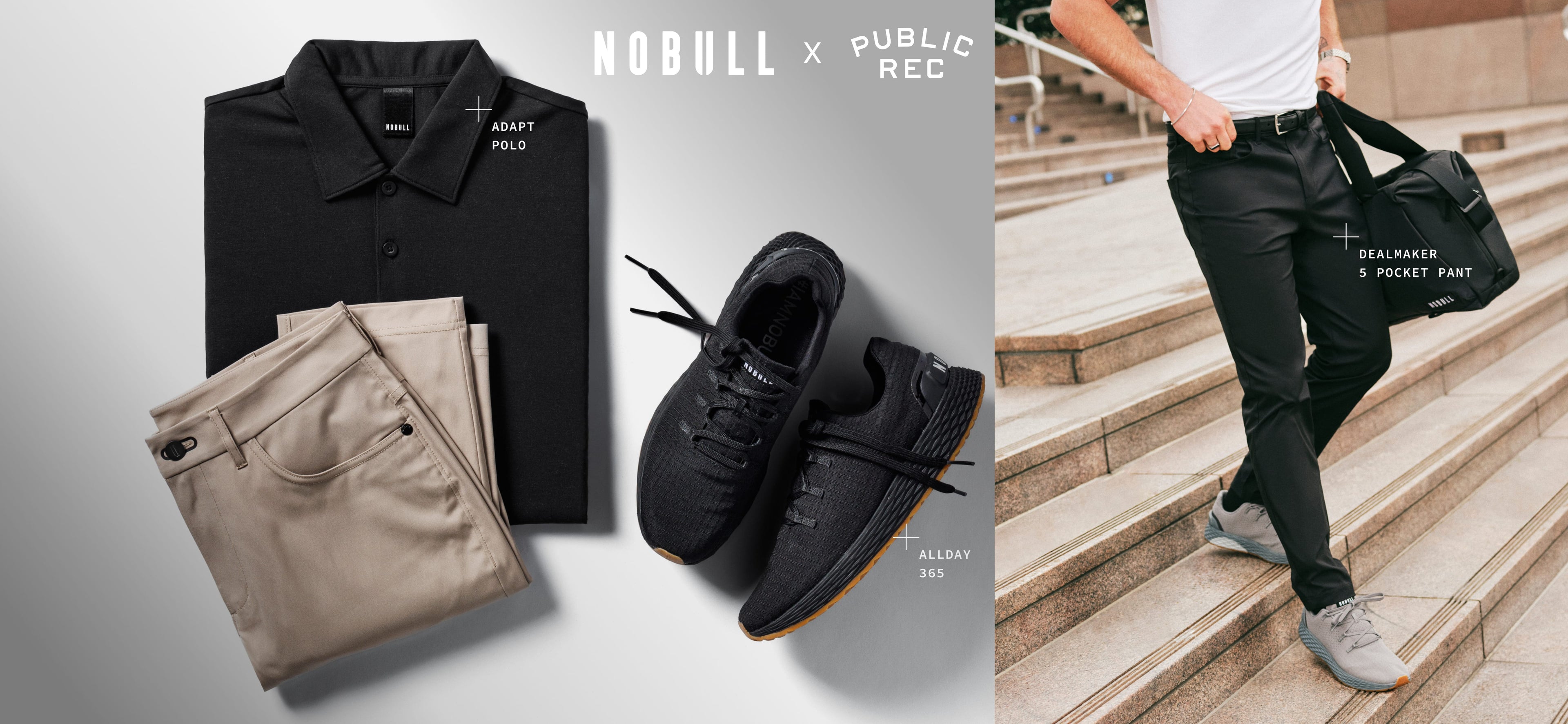 Collage of clothing items including a black polo shirt, beige pants, black sneakers, and a black bag with 'Nobull x Public Rec' branding.