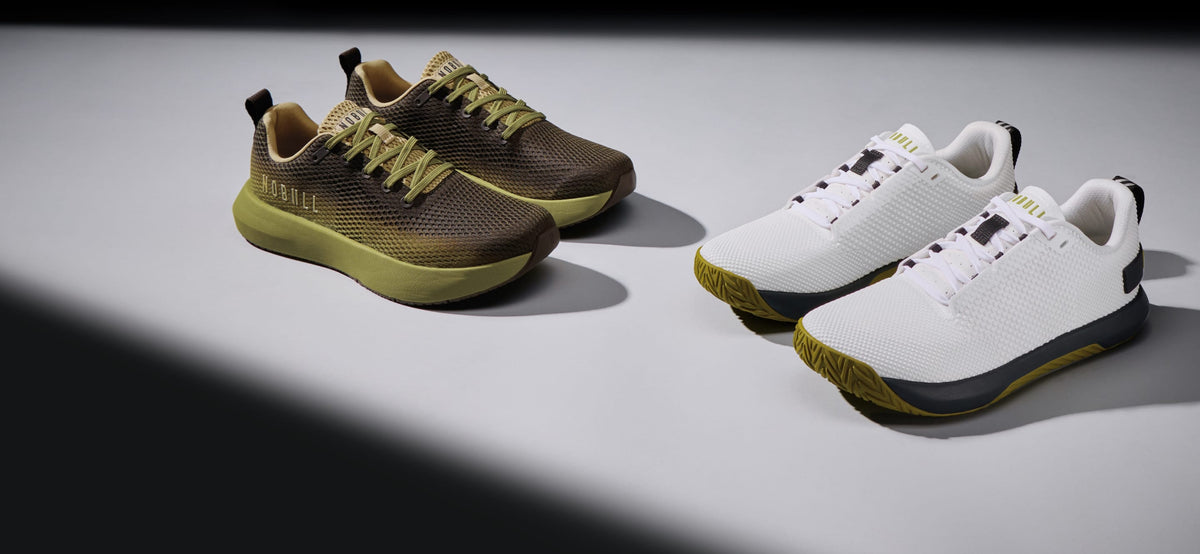 Promo - two pairs of athletic sneakers displayed on a dark gray surface: one pair in olive green and brown, and the other pair in white with black and olive accents.