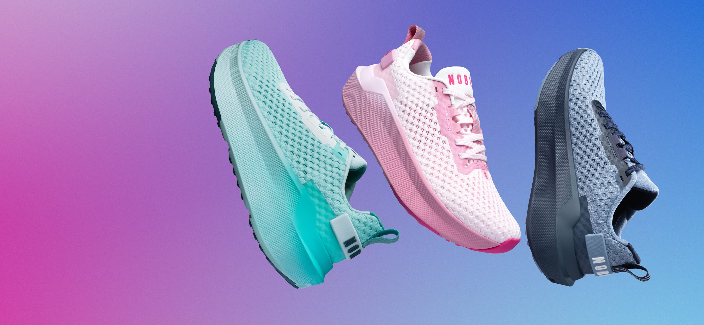 product - Three mesh athletic sneakers floating against a blue-to-pink gradient background: a mint green and black shoe, a white and pink shoe, and a gray and black shoe.
