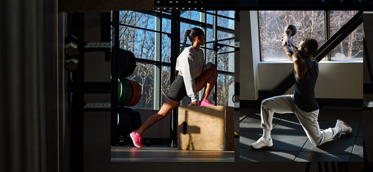 promo - A split-screen lifestyle image showing two people exercising in a gym. The left side shows a woman doing a box jump lunge in a white top and dark shorts with pink sneakers.