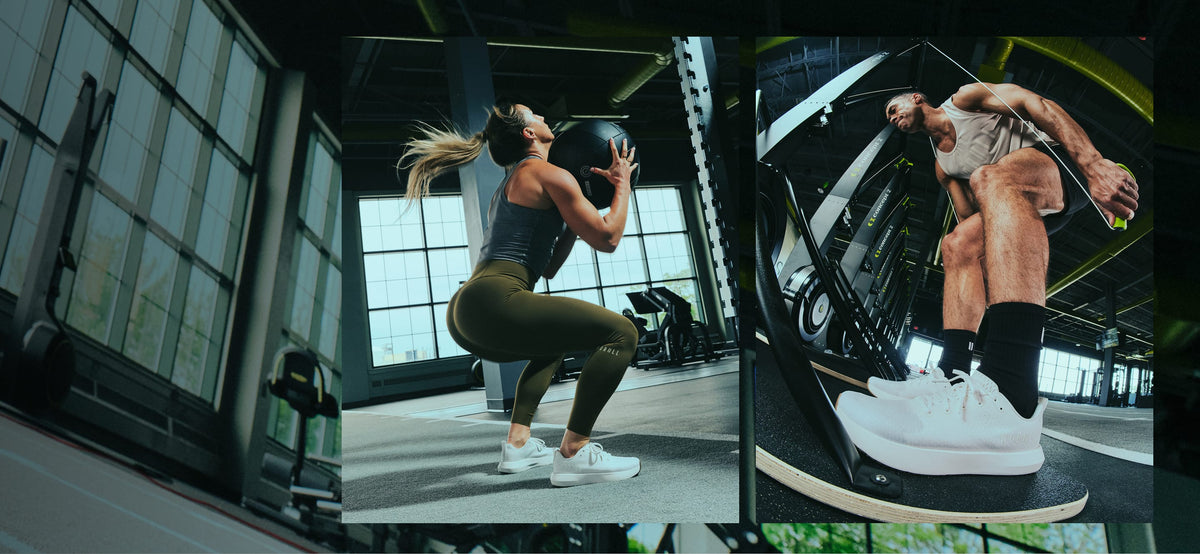 promo - A split-screen lifestyle image showing two fitness scenes in a gym: on the left, a woman in a black tank top and olive leggings holds a black medicine ball while squatting; on the right, a man in a white tank top and white sneakers exercises on a treadmill.
