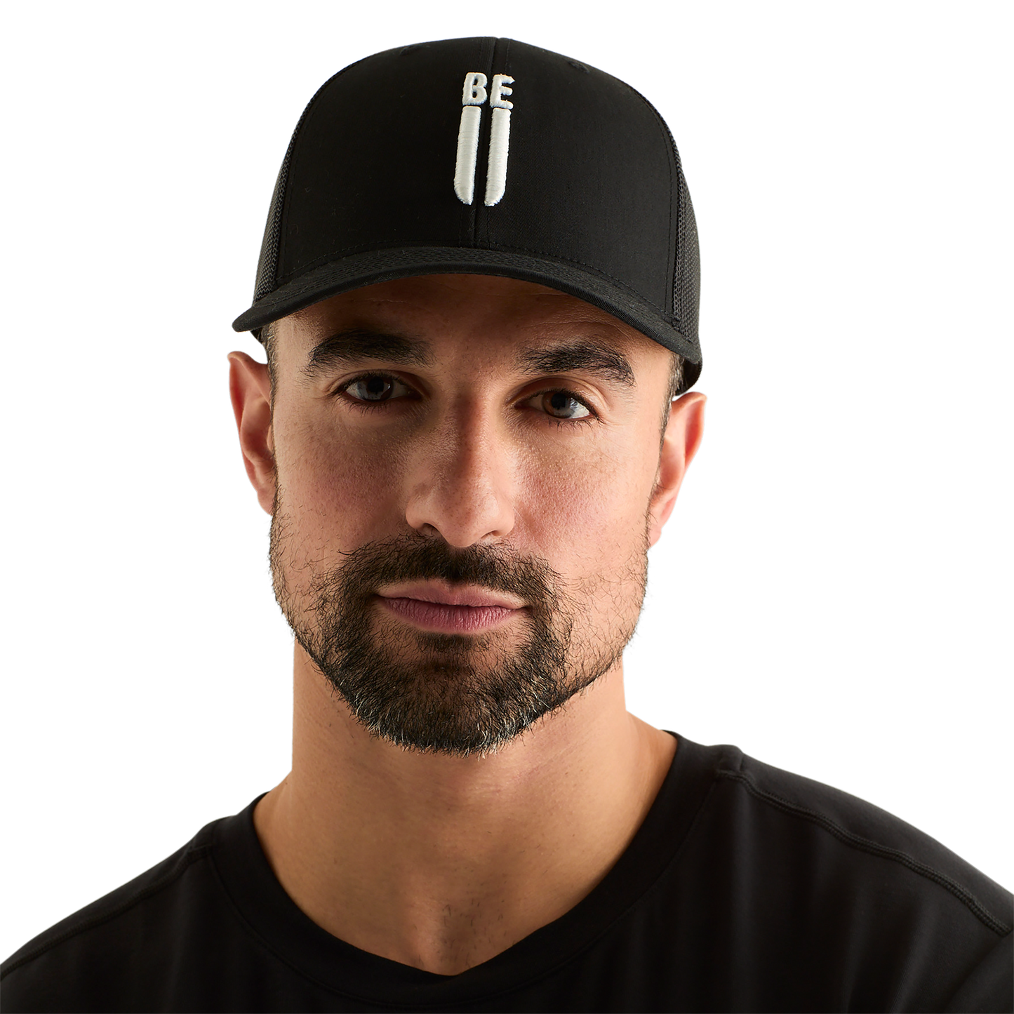 Man Wearing Black Be U Trucker Hat Front Angle.