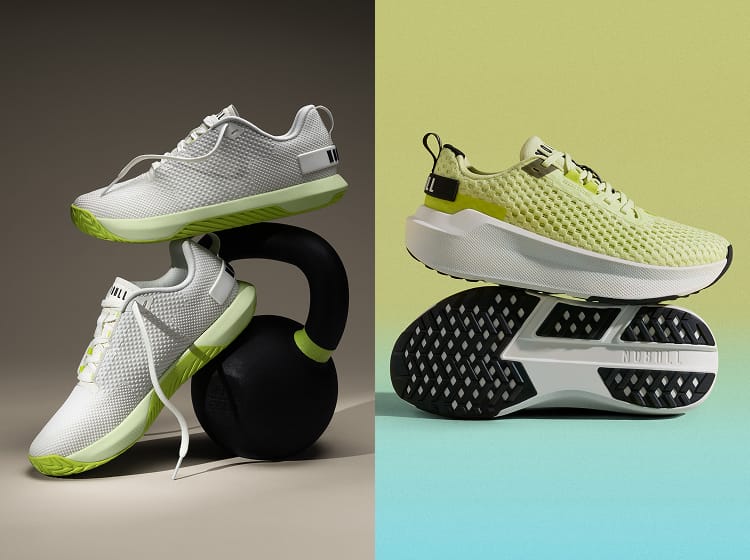 promo - A pair of athletic sneakers shown in a split studio composition. The left side features two white sneakers stacked on top of each other with a black kettlebell; the right side shows a single lime-green and white sneaker from the side and sole view against a pale yellow and light blue background.