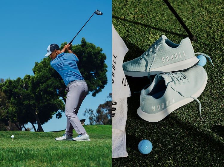 promo - A split image showing a golfer mid-swing on a golf course on the left, and a close-up of light blue and white Golf shoes on grass on the right.