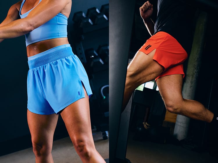 product - A split-screen lifestyle image showing a woman in a gym wearing a light blue athletic crop top and matching shorts, alongside a close-up of a man wearing bright orange athletic shorts.