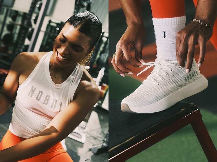 product - A split lifestyle image showing a woman in a gym wearing a white ribbed tank top with 'NOBULL' printed on it, alongside a close-up of her tying the laces on a white ribbed sneaker with a white sock featuring a black logo.