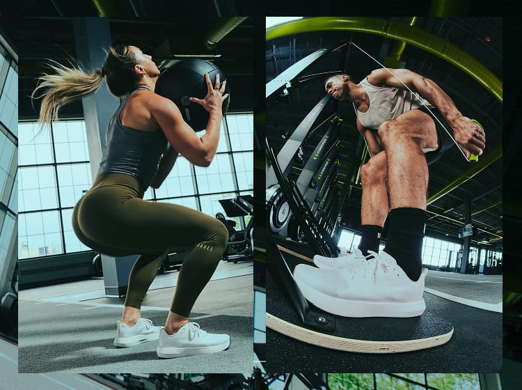 promo - A split-screen lifestyle image showing two fitness models in a gym. On the left, a woman in a dark gray sports bra and olive green leggings holds a black medicine ball while doing a squat.