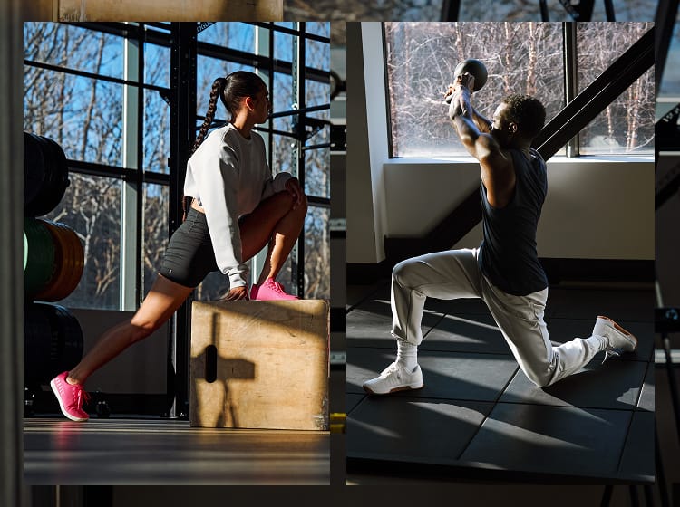 promo - A split-screen lifestyle image showing two women in a gym performing exercises. On the left, a woman in a gray sweatshirt and black shorts does a lunge with a wooden box.