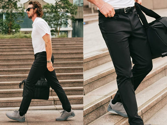 promo - A three-panel collage showing a man wearing black trousers in an outdoor setting. The left panel is a close-up of the back of the black trousers.