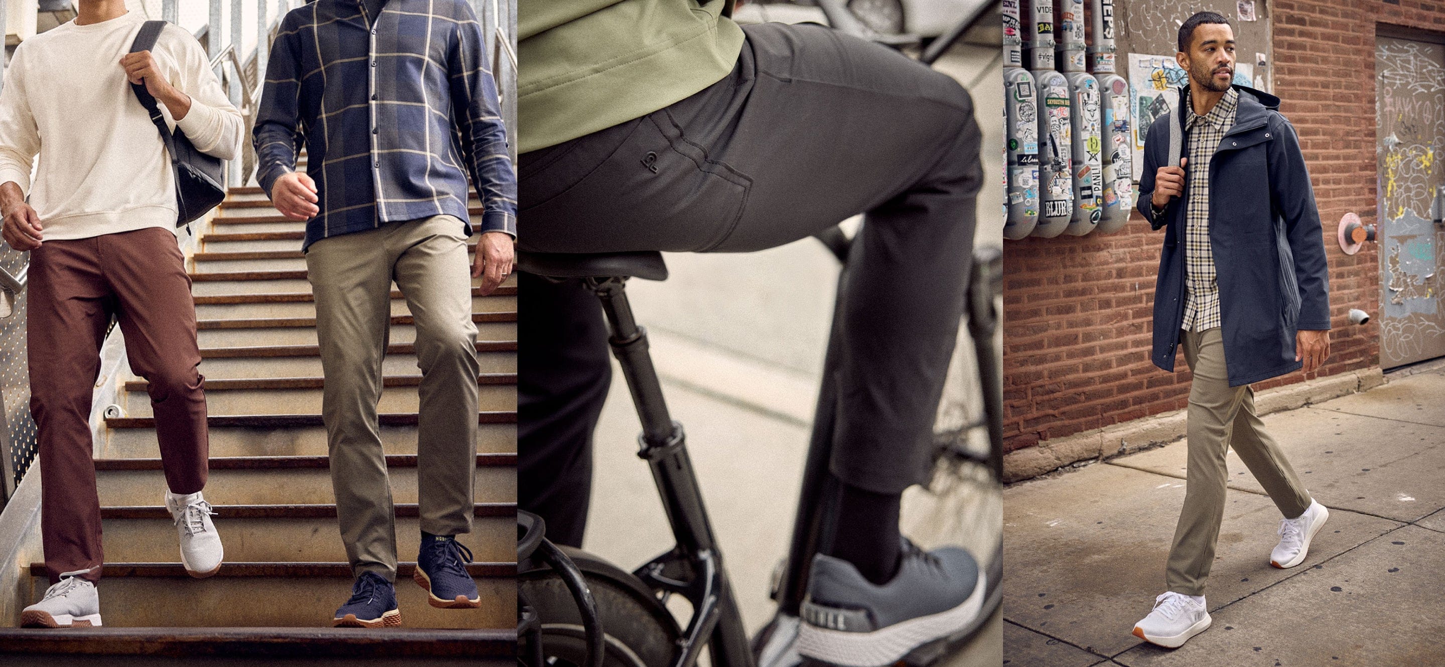 Collage of people wearing pants in various settings