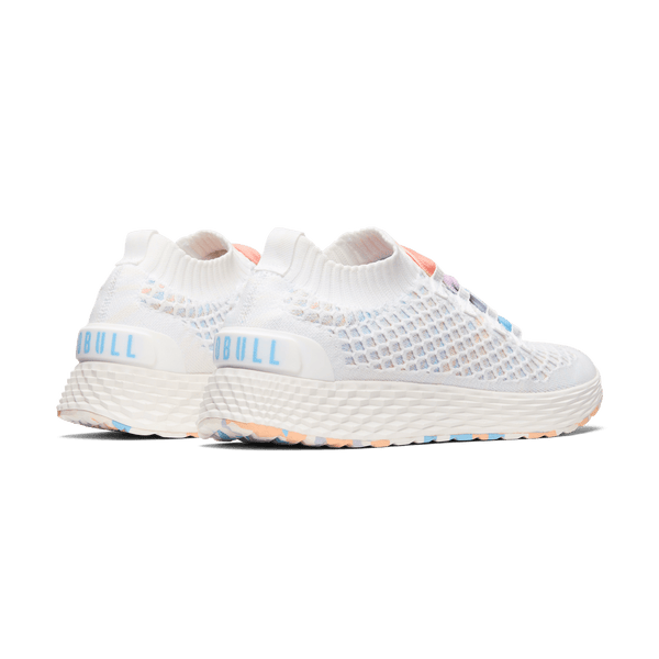 Men's White Peach Allday Knit Shoe Back Side Angle.