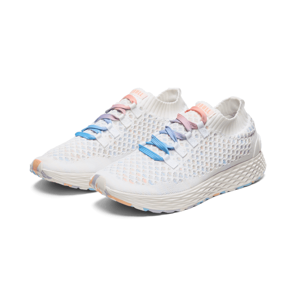 Men's White Peach Allday Knit Shoe Front Side Angle.