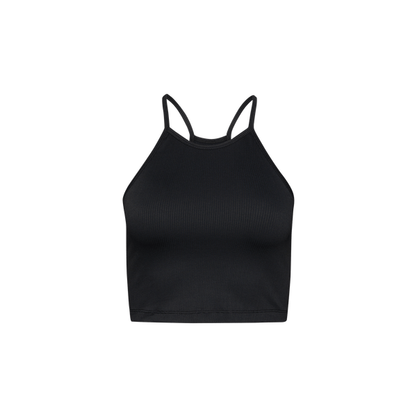 Women's Black Ribed Halter Crop Tank Silhouette Angle
