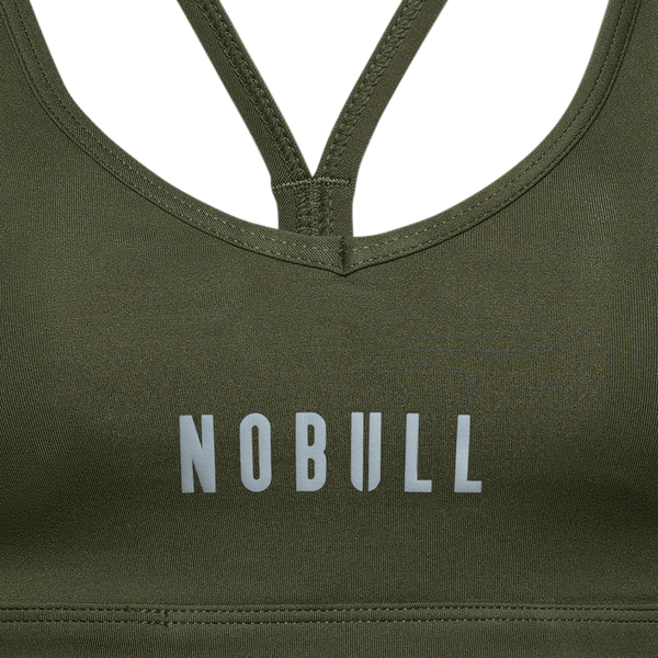 Dark Army Matte V-Neck Sports Bra Front Logo Detail Angle.