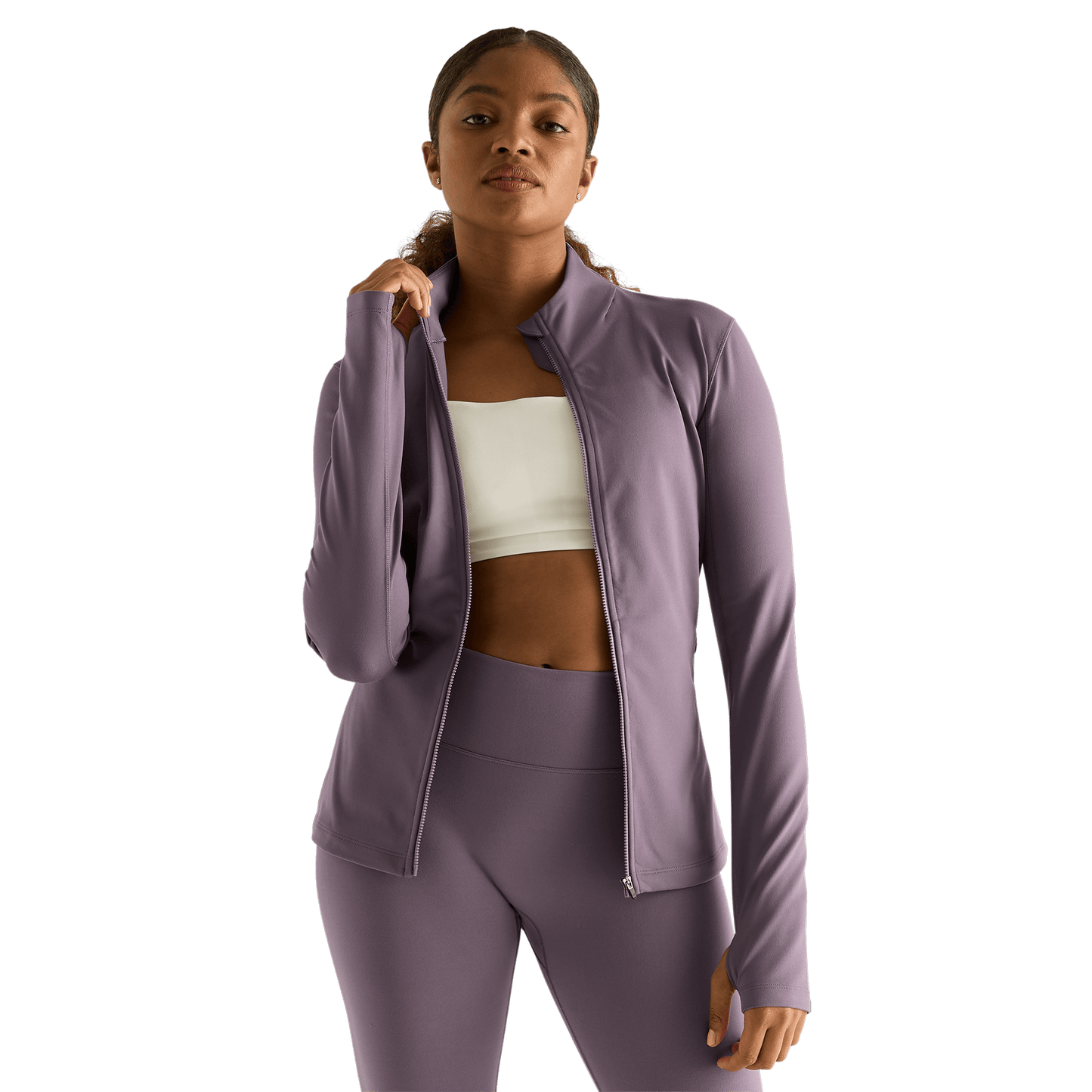 Women's Black Plum Matte Zip-Up Jacket Front Angle.