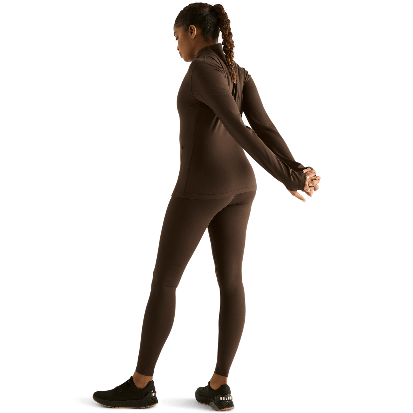 Women's Chocolate High-Rise Matte Tight 28" Back Angle.