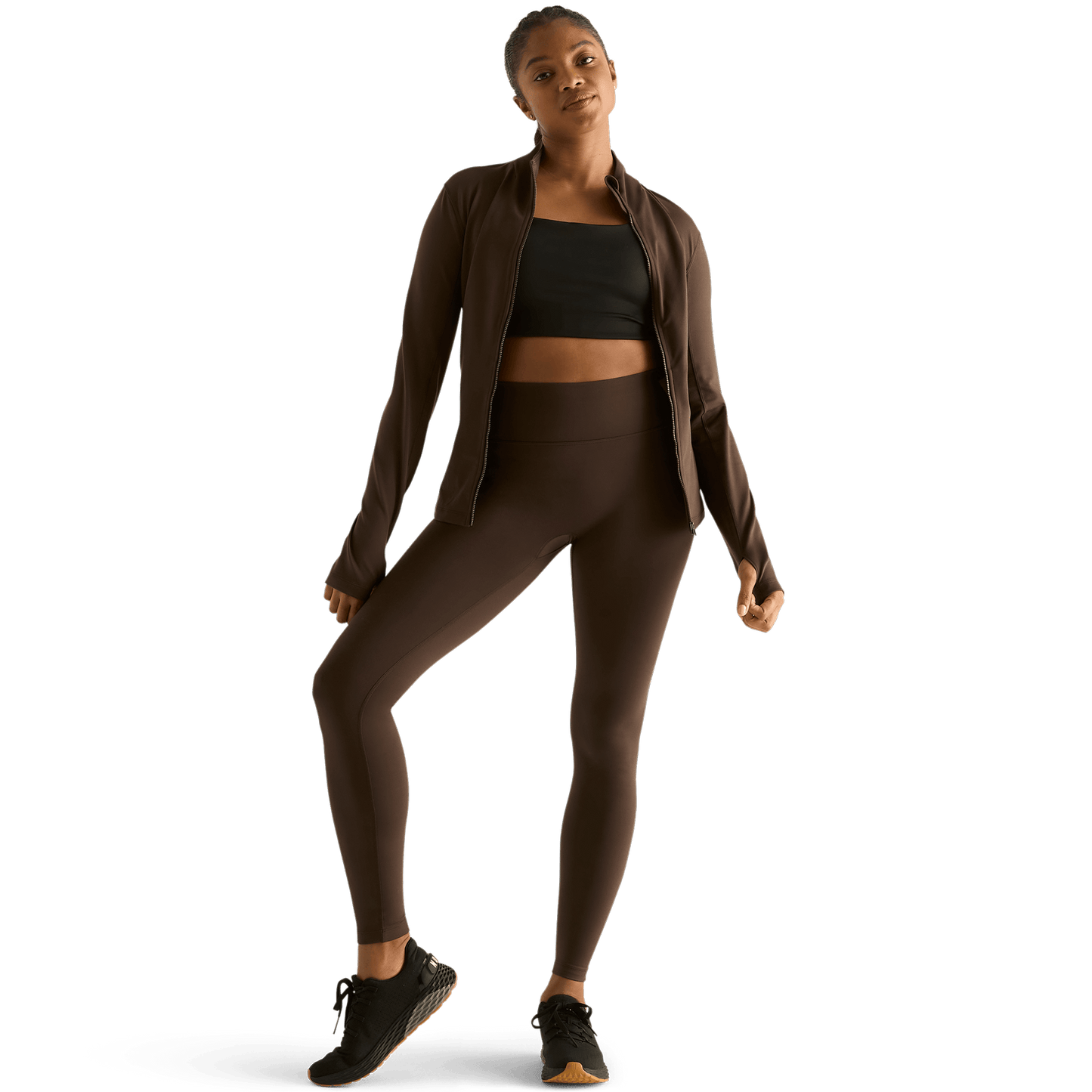 Women's Chocolate High-Rise Matte Tight 28" Front Angle.