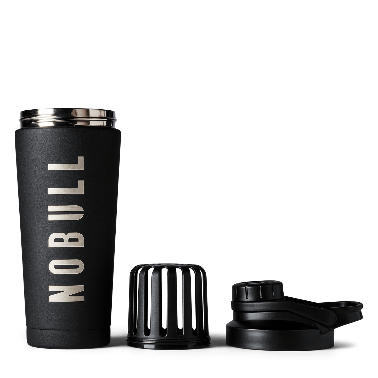 Black tumbler with 'NOBULL' branding on a white background