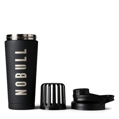 Black tumbler with 'NOBULL' branding on a white background