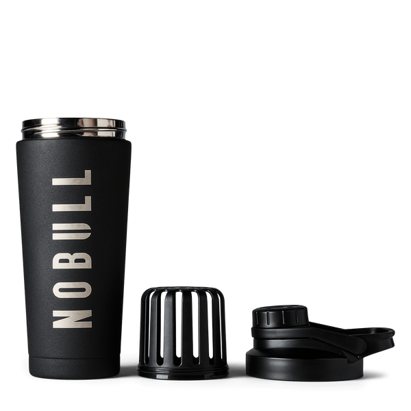 Black tumbler with 'NOBULL' branding on a white background
