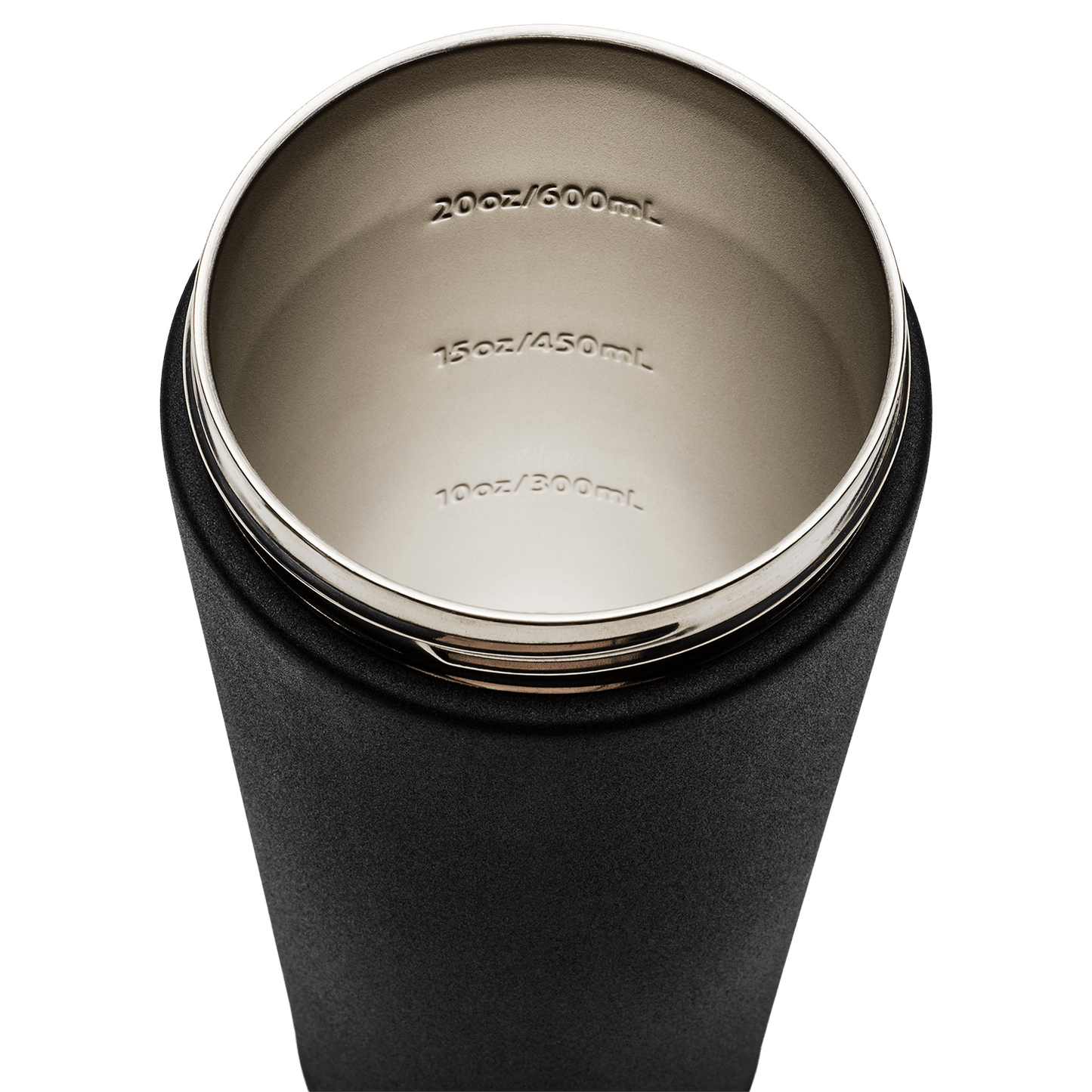 Close-up of a black insulated tumbler with measurement markings on the lid.