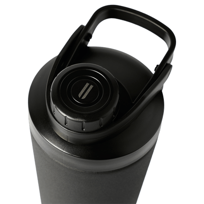 Black water bottle with a carabiner on a white background