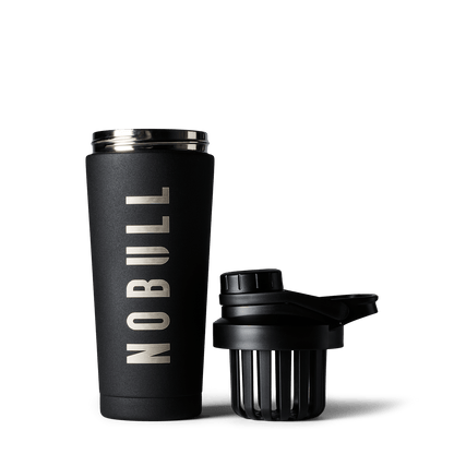 Black tumbler with 'NOBULL' branding on a white background